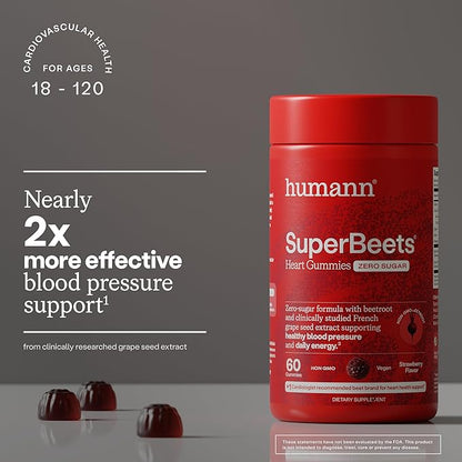 Humann SuperBeets Heart Gummies - Beet Gummy with Heart-Healthy Energy Support, Grape Seed Extract & Beetroot Powder, Zero Sugar - Strawberry Flavor, 120 Count