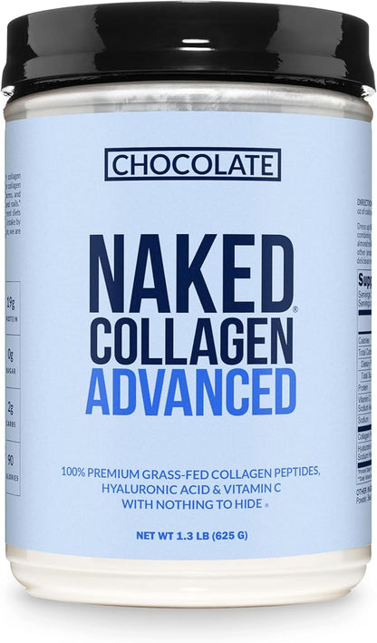 NAKED Chocolate Collagen Advanced - Peptides Protein Powder, Hyaluronic Acid, Vitamin C, Pasture-Raised, Grass-Fed Hydrolyzed Collagen Supplement, Paleo Friendly, Non-GMO, Keto, Gluten Free, 1.3LB