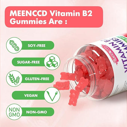 MEENCCD Vitamin B2 Gummies Riboflavin 400mg Supplement with Magnesium for Kids & Adults, B2 Gummies for Migraine Relief & Nervous System Support, Vegan, Sugar-Free, Raspberry Flavor, 60 Count