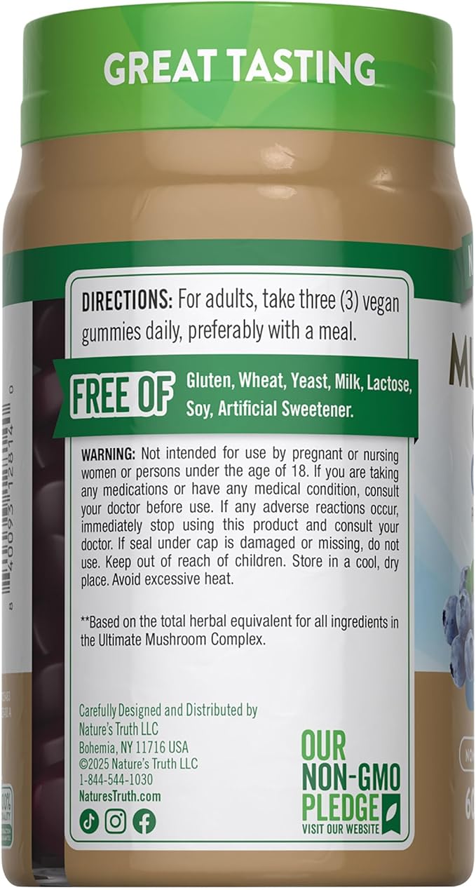 Nature's Truth Mushroom Complex Gummies for Adults | Complex of 10 Mushrooms | with Lion's Mane, Shiitake, & Chaga | Blueberry Flavor | 60 Count | Vegan, Non-GMO & Gluten Free Supplement