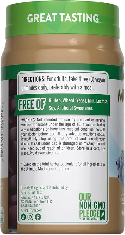 Nature's Truth Mushroom Complex Gummies for Adults | Complex of 10 Mushrooms | with Lion's Mane, Shiitake, & Chaga | Blueberry Flavor | 60 Count | Vegan, Non-GMO & Gluten Free Supplement