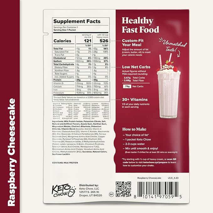 Keto Chow Raspberry Cheesecake | Keto Meal Replacement Shake Powder | Nutritionally Complete | Low Carb | Delicious Easy Meal Substitute | Protein Rich You Choose The Fat | Single Meal Sample