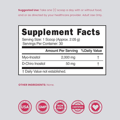 Myo-Inositol & D-Chiro Inositol Supplement Powder (2050mg Per Serving Ideal 40:1 Ratio Myo Inositol,30 Day Supply) For Hormone Balance for Women & Ovarian Health - Third Party Tested, Vegan & USA Made