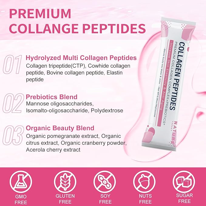 NATURE TARGET Multi Collagen Peptides Powder - Type I, II, III, V, X - Enhanced Absorption, Hydrolyzed Collagen Peptides with Prebiotics, Sugar-Free, Skin Hair Nail & Joint Support, Non-GMO