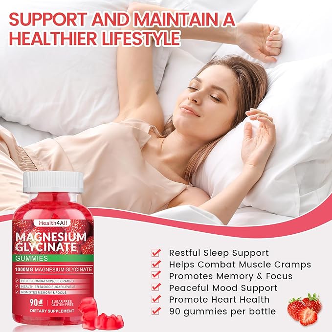 Magnesium Glycinate Gummies 1000mg, High Absorption Sugar Free Magnesium Potassium Supplement for Relaxation, Stress Relief, and Sleep Support for Adults & Kids - 180 Strawberry Gummies