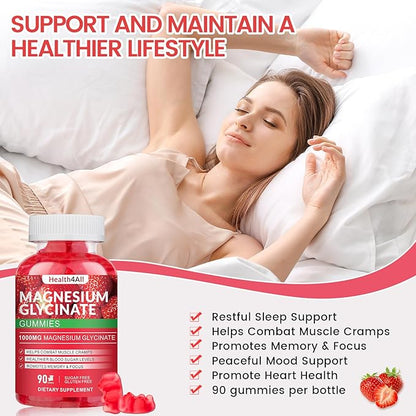 Magnesium Glycinate Gummies 1000mg, High Absorption Sugar Free Magnesium Potassium Supplement for Relaxation, Stress Relief, and Sleep Support for Adults & Kids - 90 Strawberry Gummies