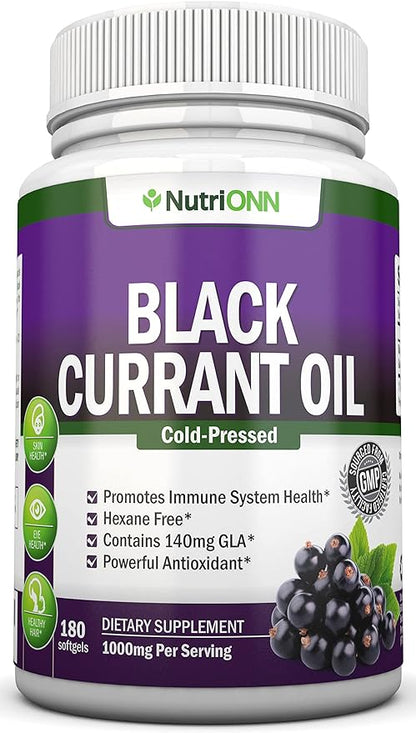 Black Currant Oil - 1000 Mg - 180 Softgels - Cold-Pressed Pure Black Currant Seed Oil - Hexane Free - 140mg GLA Per Serving - Regulates Hormonal Balance - Great For Immune System, Hair and Skin