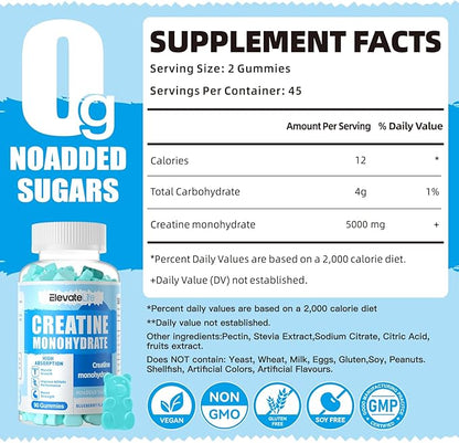 ElevateLife Creatine Monohydrate Gummies for Men & Women, Chewables Creatine Monohydrate for Muscle Strength, Muscle Builder, Energy Boost, Pre-Workout Supplement(90 Count)-Blueberry