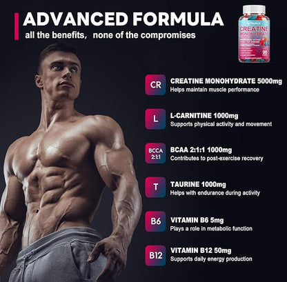 Creatine Monohydrate 8000mg Gummies with BCAA, L-Carnitine, Taurine & Vitamin B12 - Pre Workout Supplement for Muscle Growth, Strength & Energy, Multi-Flavor Chewable Gummies, 180 Count for Men Women