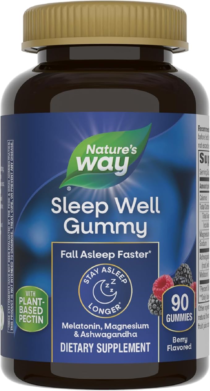 Nature’s Way Sleep Well Melatonin and Magnesium Gummies, Sleep Support for Adults*, with Ashwagandha, Berry Flavored, 90 Gummies
