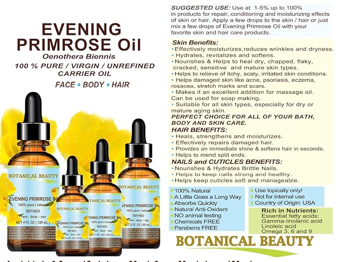 Botanical Beauty EVENING PRIMROSE OIL 100% Pure Natural Undiluted Unrefined Virgin Cold Pressed Carrier Oil. 4 Fl.oz.- 120 ml for face, skin, hair, nails. Rich in essential fatty acids GLA
