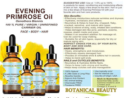 Botanical Beauty EVENING PRIMROSE OIL 100% Pure Natural Undiluted Unrefined Virgin Cold Pressed Carrier Oil. 4 Fl.oz.- 120 ml for face, skin, hair, nails. Rich in essential fatty acids GLA