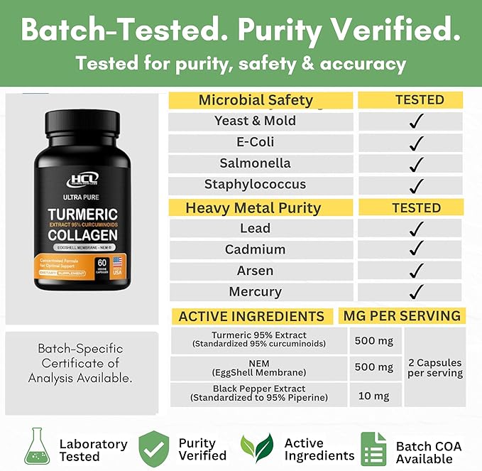 Turmeric Curcumin 95% Extract & Collagen Capsules - NEM Promotes Knee Comfort & Flexibility - Eggshell Membrane w Naturally Occurring Glucosamine Chondroitin Hyaluronic Acid- Made in USA