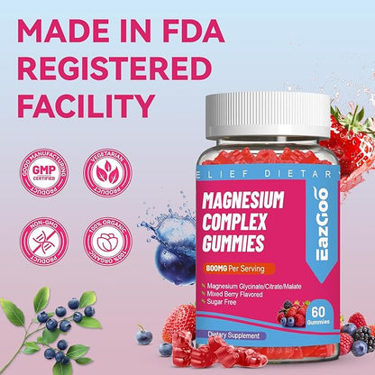 Magnesium Gummies 800mg - Vitamin D3, C, B6, B12 & Zinc Complex with Magnesium Glycinate, Citrate & Malate, Magnesium Complex Gummies for Muscle, Mood & Energy, Vegan 60 Counts