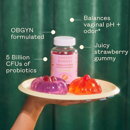 Cheeky Bonsai, Vaginal Probiotic Gummies for Women - Balanced pH, Healthy Odor, and Flora Support - 5 Billion CFUs - Juicy Strawberry Flavor, 60 Count
