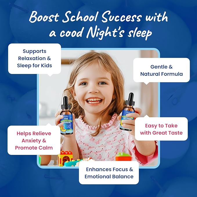Magnesium Liquid for Kids - with L-Theanine Omega-3, Vitamin B6, D3, Zinc - Kids Magnesium Glycinate Drops for Sleep, Relaxation, Calm & Focus - 2 Fl Oz, Green Apple Flavor