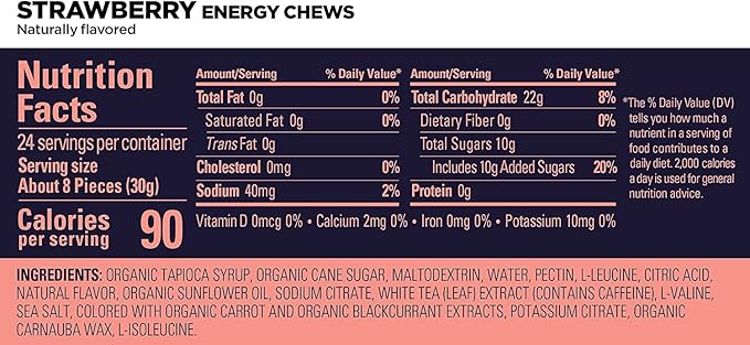 GU Energy Chews, Strawberry Energy Gummies with Electrolytes, Vegan, Gluten-Free, Kosher, 20 mg of Caffeine, and Dairy-Free On-The-Go Energy for Any Workout, 12 Bags (24 Servings Total) (Pack of 2)