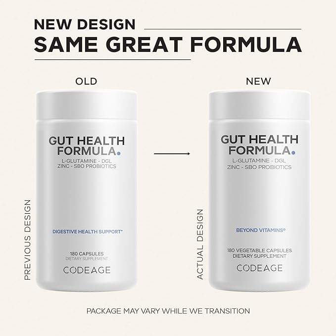 Codeage Gut Health Supplements Vegan Formula - L Glutamine, Zinc, Turkey Tail Mushroom Powder, Tonic Mushroom, Maitake, Micro Algae, Mineral, Licorice Root DGL - Probiotics, Prebiotics - 180 Capsules