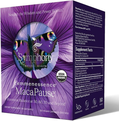 Femmenessence® MacaPause® – Clinically Proven Postmenopausal Organic Vegan Supplement for Natural Hormone Balance, Menopause Symptom Relief, Bone & Heart Health (120 Capsules, 30 Day Supply)