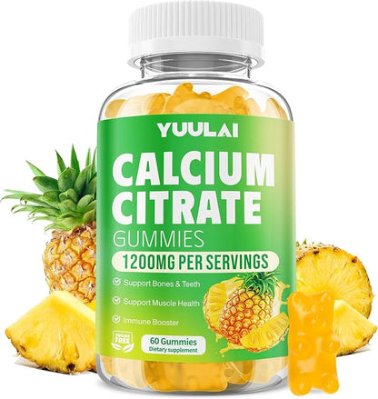 Calcium Citrate Gummies 1200mg, Chewable Calcium Supplements for Women & Men, Sugar Free Calcium Gummies for Bone, Muscle & Immune Support, Pineapple Flavor, 60 Count