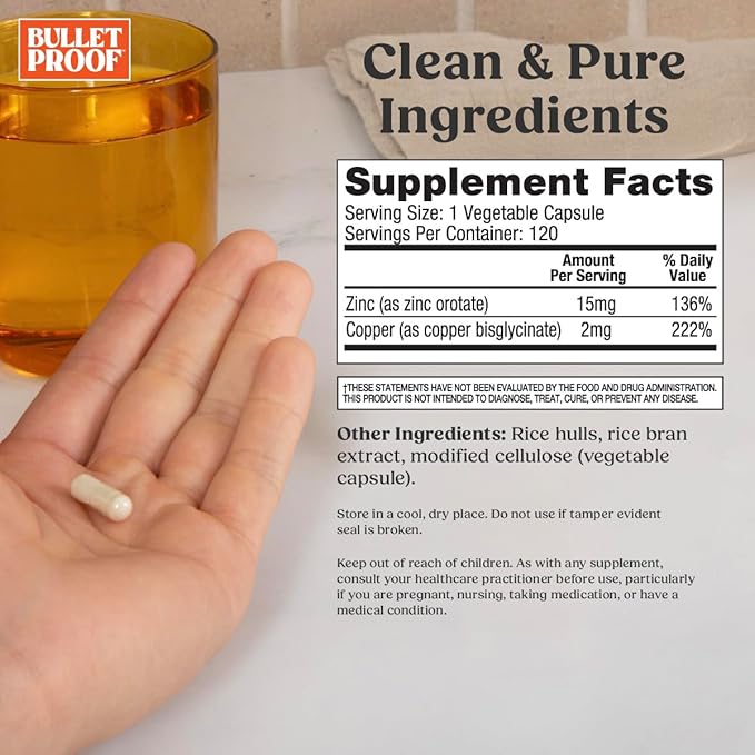 Bulletproof Zinc with Copper Capsules, 120 Count, Minerals and Antioxidant Supplement for Immunity and Mood