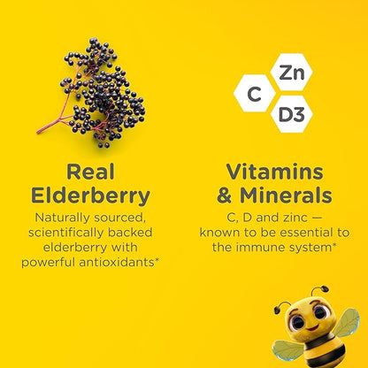 Zarbee's No Sugar Coating Elderberry Gummies for Kids, Daily Immune Support* Gummies with Vitamins C, D3 & Zinc to Support a Healthy Immune System*, No Artificial Flavors, Ages 2+, 60 ct