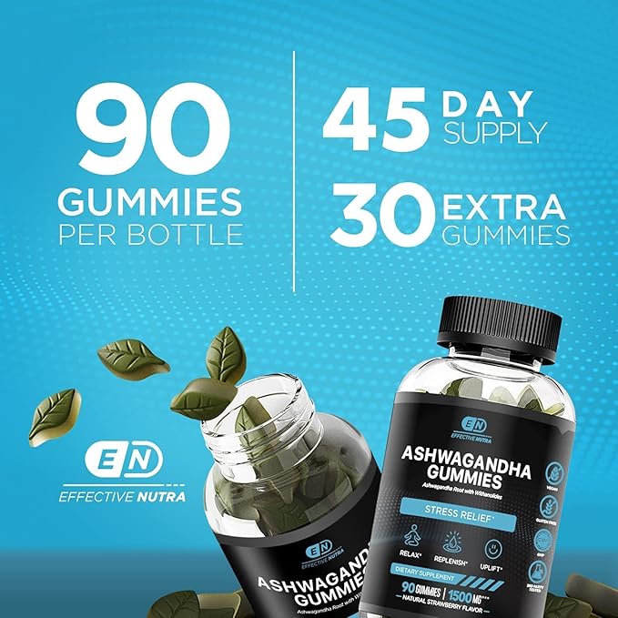Effective Nutra Ashwagandha Gummies 1500mg – Extra Strength Stress & Sleep Support – 45-Day Supply, Just 2 Gummies Daily – Vegan, Non-GMO, Third-Party Tested – Made in USA (90ct)