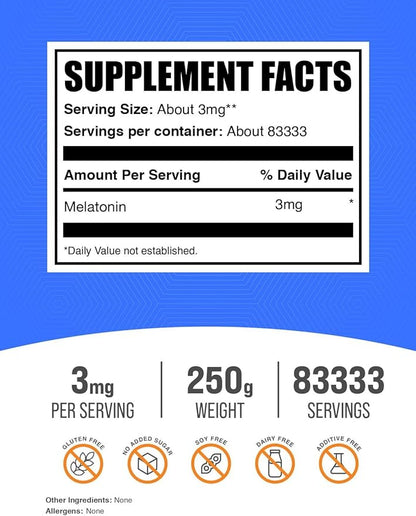 BulkSupplements.com Melatonin Powder - Pure Melatonin, Sleep Aid for Adults - Vegan & Gluten Free, 3mg per Serving, 250g (8.8 oz) (Pack of 1)