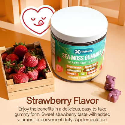150 Sea Moss Gummies | 9-in-1 Formulation with Irish Sea Moss, Ashwagandha, Burdock, Elderberry, Bladderwrack, Maca, Zinc, B12 | Energy & Immune Support | Strawberry Flavor Vegan Gummies
