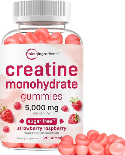 Creatine Monohydrate Gummies 5,000mg Per Serving, 120 Count | Sugar Free Strawberry Raspberry Flavored | Creatine for Women & Men | Pre Workout + Muscle Strength & Recovery Support | Non-GMO