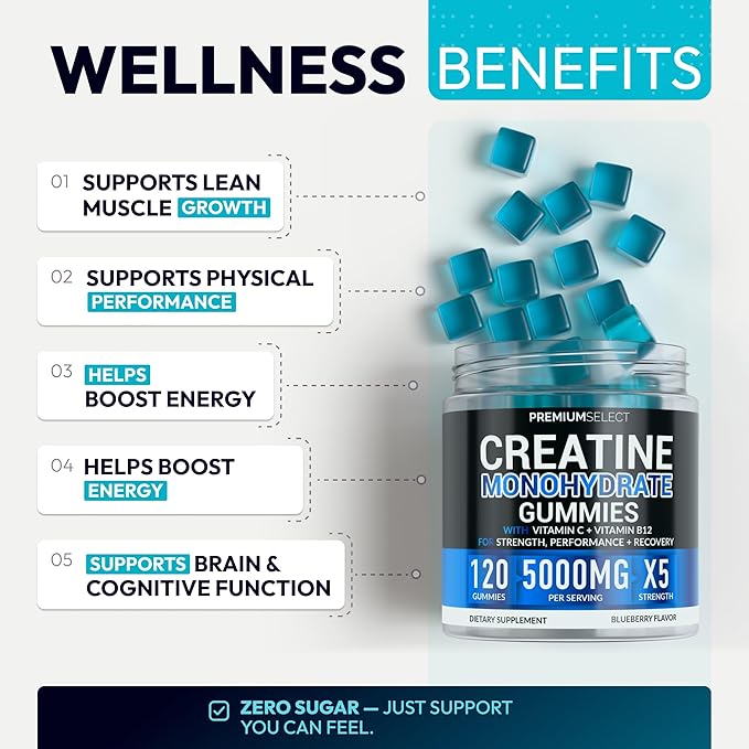 Sugar Free Creatine Monohydrate Gummies 5g Per Serving - 120 Monohydrate Creatine Gummies Advanced Complex with Vitamin C + Vitamin B12 for Muscle Strength, Energy Boost, Pre-Workout Gummy