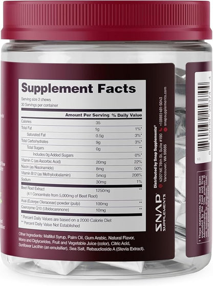 Snap Supplements Heart Beets Beet Root Soft Chews, Cardiovascular Support Supplement for Men & Women, CoQ10 & Acai, Energy & Circulation Support, Sugar Free, Mixed Berry, 60 Soft Chews