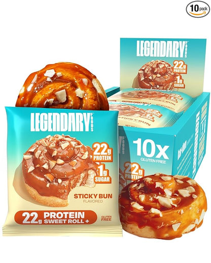 Legendary Foods Cinnamon Roll 22g Protein Bars – Gluten-Free, Low Carb Meal Option – Sweet Zero Sugar Snack, Keto-Friendly – 10-Pack High Protein Pre- or Post-Workout Nutrition Bars - Sticky Bun