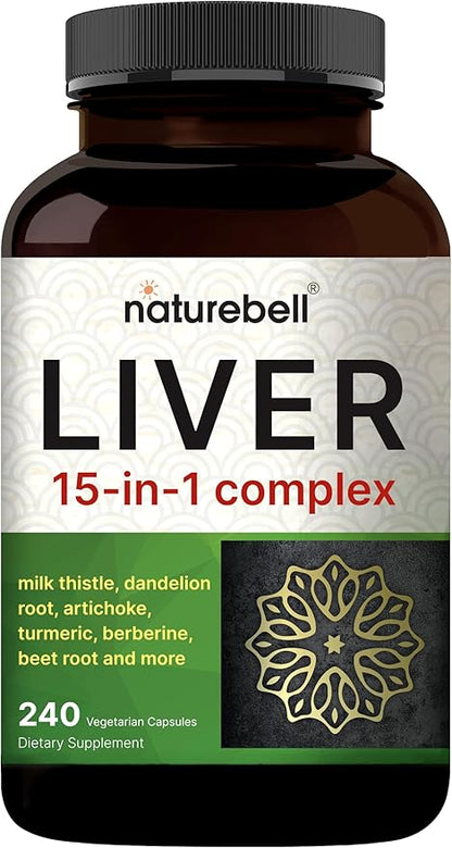 Liver 15-in-1 Complex, 240 Veggie Capsules | Herbal & Mineral Blend - Milk Thistle, Dandelion Root, Artichoke, Black Currant Oil, Turmeric, Chicory, Zinc, Choline, & More | Non-GMO