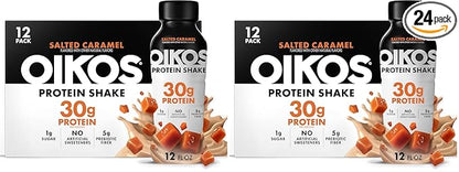 Oikos Protein Shake, Salted Caramel, 30g High Protein Drinks, Shelf Stable, Ready to Drink, 5g Prebiotic Fiber, 12 fl oz Bottle,(Pack of 24)