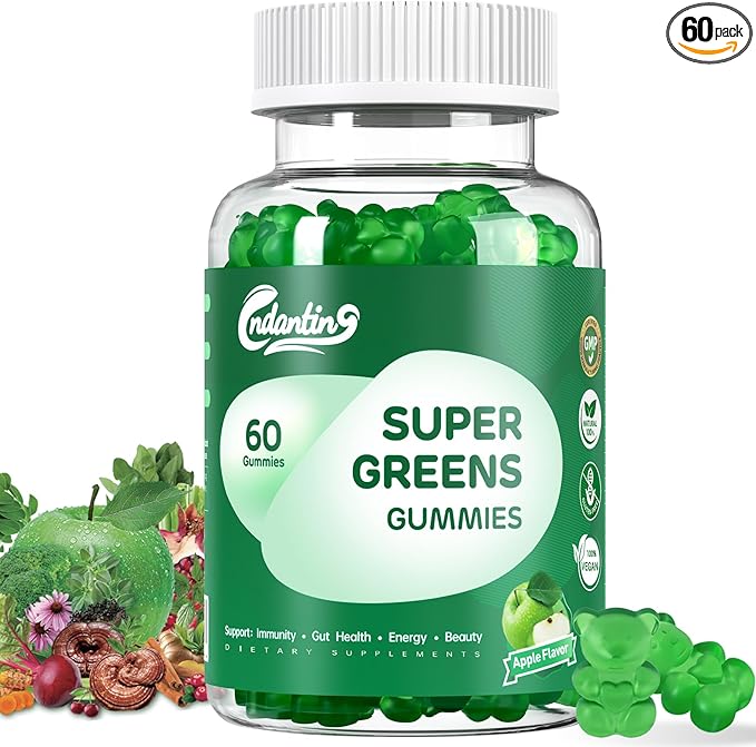 Multivitamin Super Greens Gummies - Daily Vegan Gummy Vitamins for Women, Apple Flavor | Organic Blend with Vitamin C, Turmeric, Zinc, Immune Support, Energy Booster, Metabolism | 60 Count