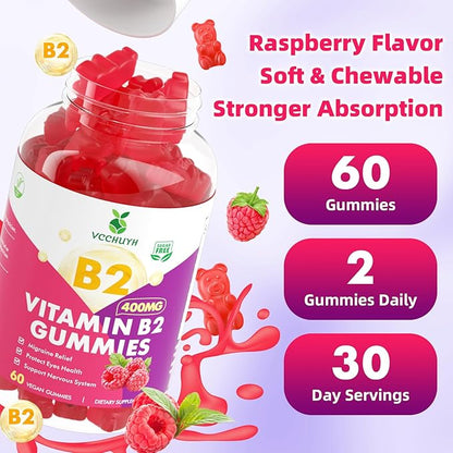 Vitamin B2 Gummies for Kids & Adults, VIT B2 Riboflavin 400mg Supplement with Magnesium for Migraine Relief & Nervous System Support, Non-GMO, Vegan, Raspberry Flavor 60 Count