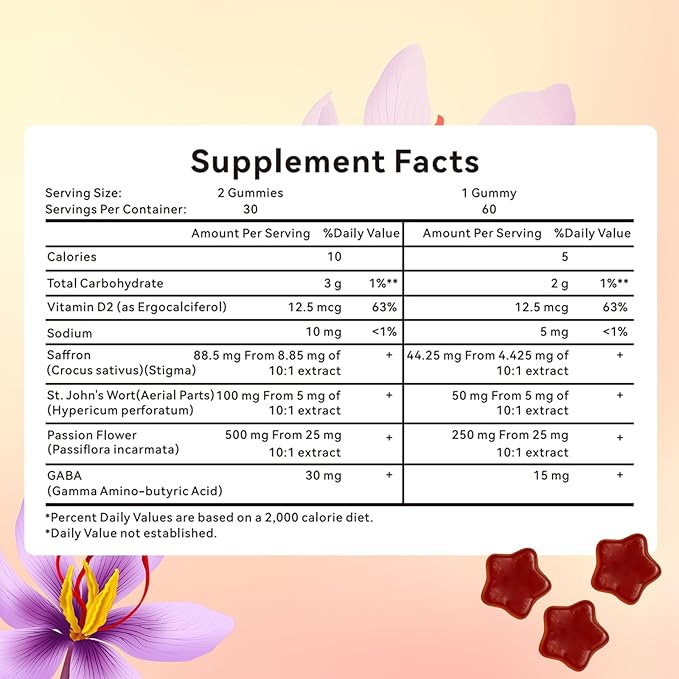 Gummies – Calm & Focus Support Gummies, Sugar-Free Saffron Chews with Passion Flower & Chamomile, Daily Mood Balance Supplement, 60 Count(30-Day Supply).(1)