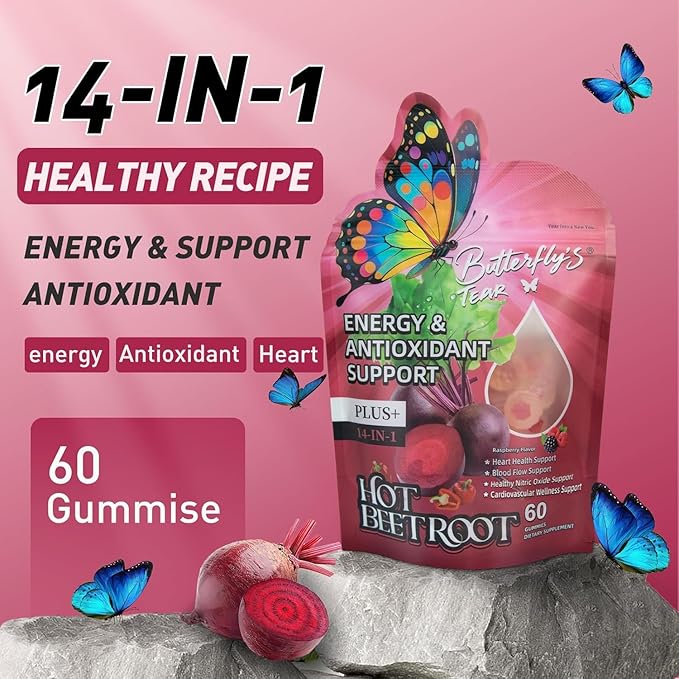 BUTTERFLY'S TEAR Organic Spicy Beet Root Gummies, Supports Heart & Blood Vessel Health, Promoting Nitric Oxide, Vitamin D3+K2+E, Extracts of Grape Seed, Hawthorn, Berberine and Other, Sugar Free