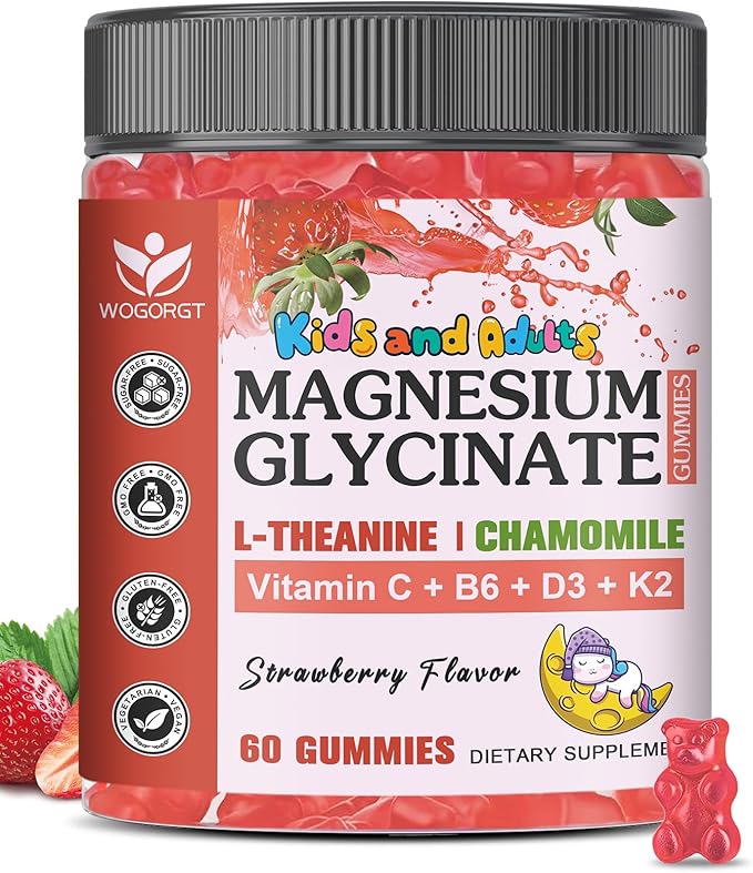 Magnesium Glycinate Gummies for Kids & Adults - Relaxation & Cognition Support - 400/200mg Magnesium Supplement with L-Theanine, Chamomile, B6, D3 & K2 - Vegan, Sugar Free, Strawberry Flavor, 60 Ct