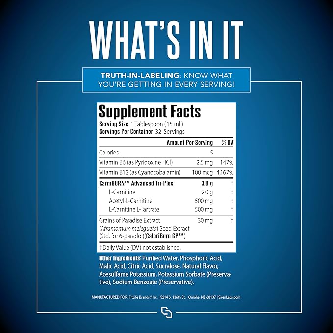 SIRENLABS L-Carnitine Elite Burn Liquid Keto Fat Burner and Metabolism Activator - Fat Loss Support Keto Friendly Weight Loss Increase Energy - Stimulant Free - Strawberry Blast 3000mg (32 Servings)