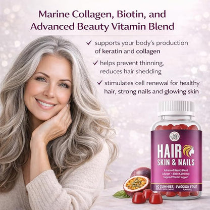 Grab The Gold Hair Skin & Nails Vitamins for Women | Gummies with 6000mcg Biotin & Collagen | 10 Essential Vitamin & Minerals | Gluten-Free, Non-GMO, Passion Fruit Flavor | 1 Month Supply, Made in USA