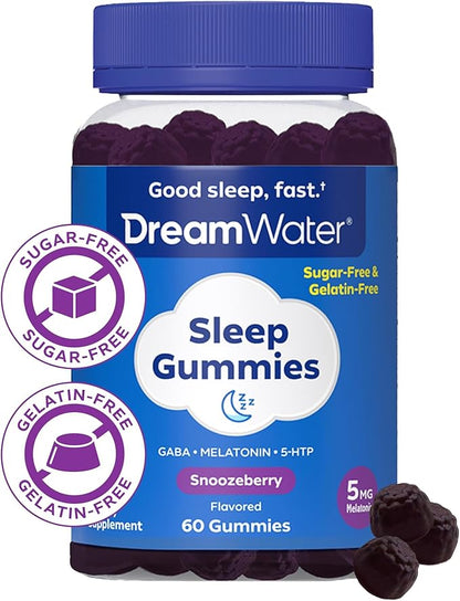 Dream Water Sleep Gummies (60 Count) Sleep Aids for Adults - 5mg Melatonin, GABA, 5-HTP - Natural Snoozeberry Flavor (Blue Raspberry) - Easy Chew Melatonin Gummies - Sugar Free, Gluten Free, Vegan