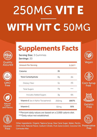 Lunakai Vitamin E Gummies with Vitamin C - Tastiest Proprietary Formula - 250mg (400IU) VIT E - Antioxidant, Skin & Eye Health Support, Non-GMO, Vegan Supplement - 6 Pack
