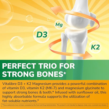 Vitalibre Vitamin D3 K2 + Magnesium Supplement, 10000 IU Vitamin D3 & 100 mcg K2, with Magnesium Glycinate, Bone, Teeth, Immune & Energy Support, High Absorption, Non-GMO, Easy to Swallow, 60 Softgels
