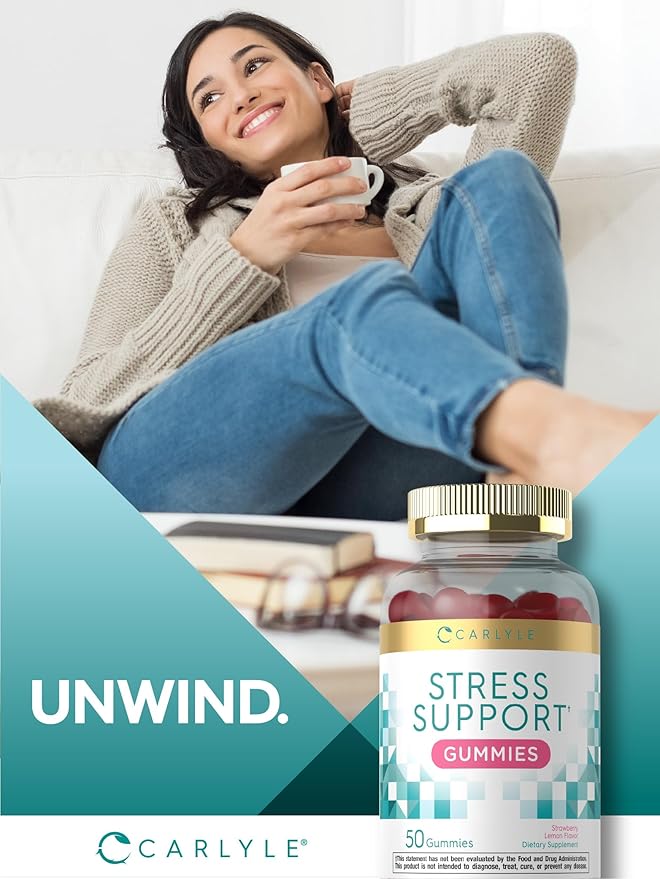 Carlyle Stress Support Supplement Gummies | 50 Count | for Women and Men | with GABA and L-Theanine | Strawberry Lemon Flavor | Non-GMO & Gluten Free