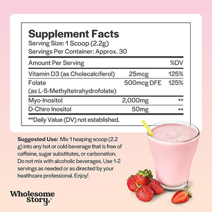 Inositol Supplement Powder with MTHF Folate + Vitamin D3 | Myo-Inositol & D-Chiro Inositol | Hormonal Balance & Healthy Ovarian Support | Vitamin B8 | Alternative to Inositol Capsules | 30 Servings