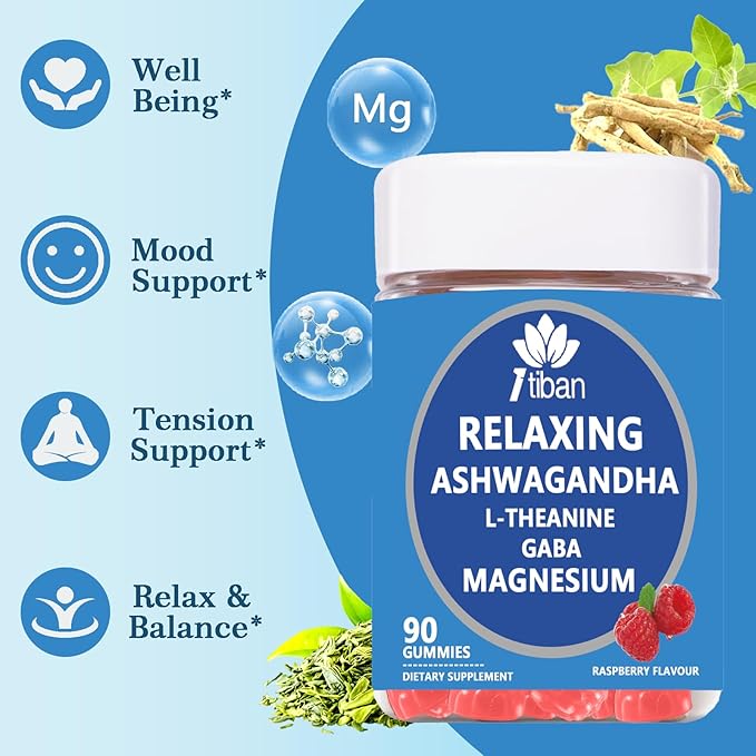 Cortisol Supplements for Women, Calm Magnesium Glycinate Gummies, Ashwagandha, L-Theanine, GABA, D3, B6, Mood Anxiety Sleep Relax, Raspberry Flavour, Vegan 90 Gummies