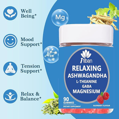 Cortisol Supplements for Women, Calm Magnesium Glycinate Gummies, Ashwagandha, L-Theanine, GABA, D3, B6, Mood Anxiety Sleep Relax, Raspberry Flavour, Vegan 90 Gummies
