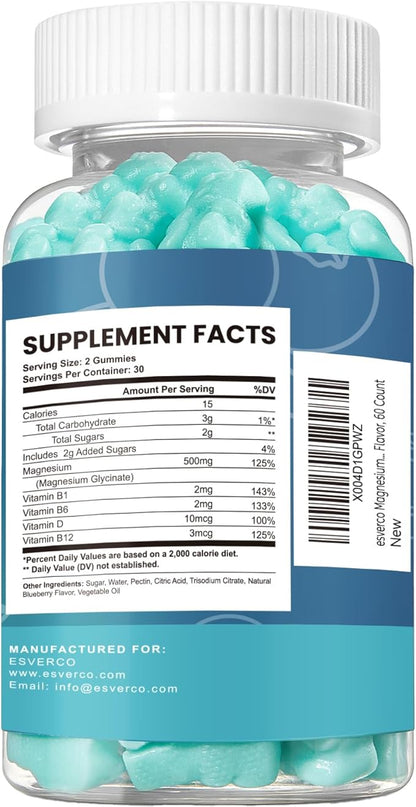 Magnesium Glycinate Gummies 500mg Sleep for Men & Women Vitamin C, Vegan Promotes Relaxation Muscle, Chewable Magnesium, No Melatonin, Non GMO, Natural Blueberry Flavor, 60 Count